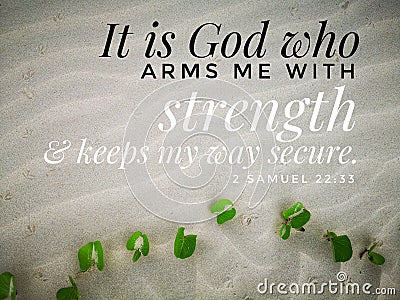 God gives me strength with bible verse design for Christianity with sandy beach background. Stock Photo