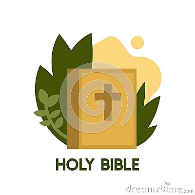 Bible icon vector illustration on white background. Bible book with leaf and abstract shape in background. Christianity logo Vector Illustration