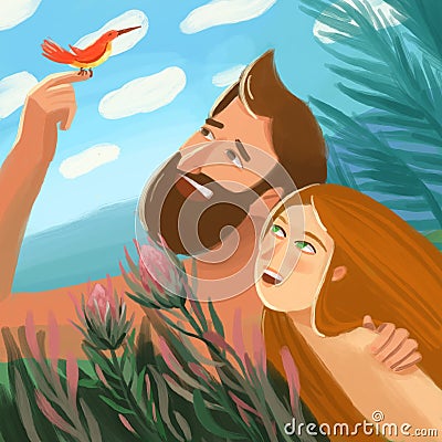 Bible Illustration about Adam and Eve in Eden garden Stock Photo