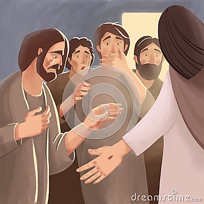 Bible Illustration about resurrection of Jesus Christ and appearance to disciples and apostles Stock Photo