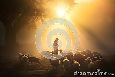 Bible Jesus Shepherd with His Flock of Sheep Stock Photo