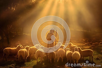 Bible Jesus Shepherd with His Flock of Sheep in Sun Rays Stock Photo