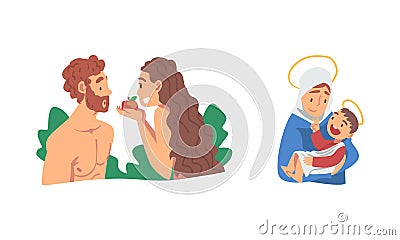 Bible Narrative with Adam and Eve Partaking Forbidden Fruit and Mary Holding Jesus Baby Vector Illustration Set Vector Illustration