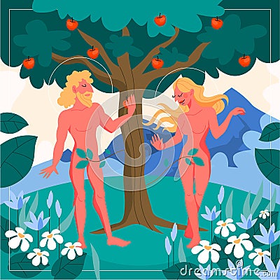 Bible narratives about the first people. Adam and Eve standing Vector Illustration