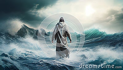 Bible narratives about Jesus walking on water. The disciples saw Jesus walking on the water in the storm. Christian bible Cartoon Illustration