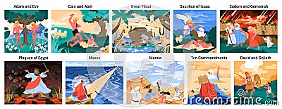 Bible narratives set. Adam and Eve, Noeh and Moses, David and Goliath. Vector Illustration