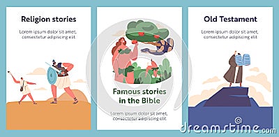 Bible Narratives and Stories Cartoon Banners With Legendary Characters Scenes. Eva and Snake, David And Goliath, Moses Vector Illustration