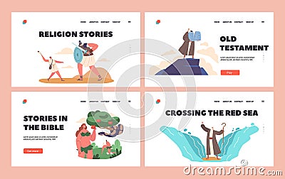 Bible Narratives and Stories Landing Page Template Set. Compositions With Legendary Characters Scenes of Eva and Snake Vector Illustration