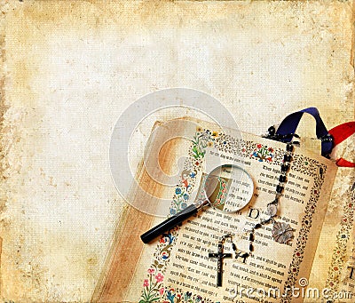 Bible, Rosary, Magnifying Glass Stock Photo