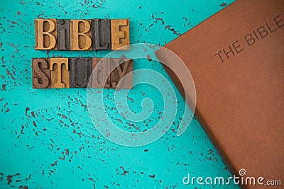 Bible Study Spelled in Wooden Type Set Block Letters Stock Photo