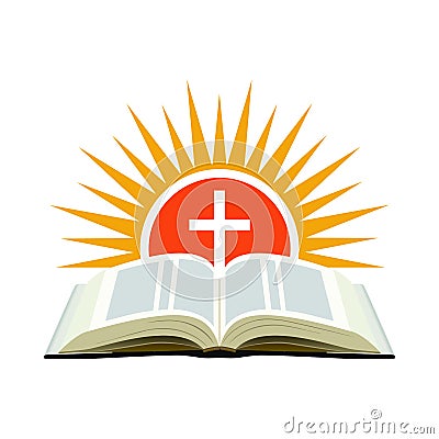 Bible, sunset and cross. Church logo concept. Isolated on white Vector Illustration