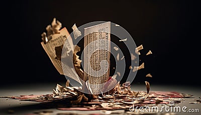 The Bible, a symbol of Christianity, lies on a golden leaf generated by AI Stock Photo