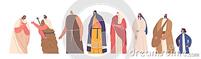 Biblical Characters John The Baptist Baptize Jesus Christ And People. Holy Symbolic Religious Act Or Ritual Vector Illustration