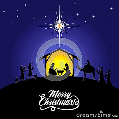 Biblical illustration. Christmas story. Mary and Joseph with the baby Jesus. Nativity scene near the city of Bethlehem. Vector Illustration