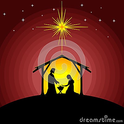 Biblical illustration. Christmas story. Mary and Joseph with the baby Jesus. Nativity scene near the city of Bethlehem Vector Illustration