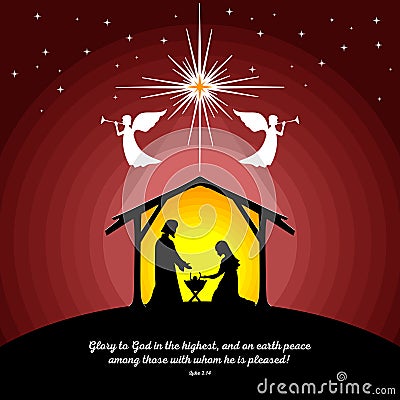 Biblical illustration. Christmas story. Mary and Joseph with the baby Jesus. Nativity scene near the city of Bethlehem Vector Illustration