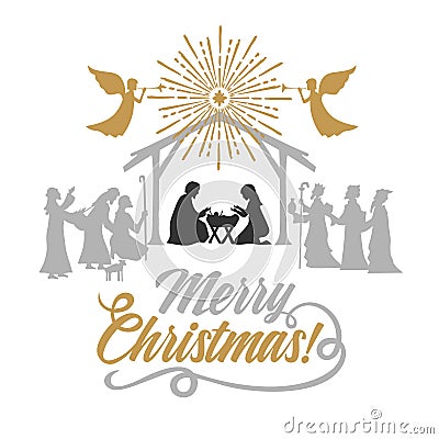 Biblical illustration. Christmas story. Mary and Joseph with the baby Jesus. Nativity scene near the city of Bethlehem Vector Illustration