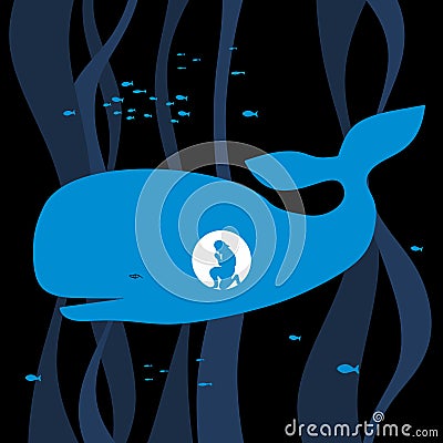 Biblical illustration. Jonah in the womb of the whale prays to the Lord Vector Illustration