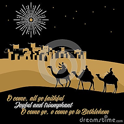 Biblical illustration. The wise men go to Bethlehem to worship the born baby Christ Vector Illustration