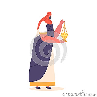 Biblical Magi Melchior With Gift Of Frankincense To Honor Baby Jesus. King From The East Who Followed Star To Bethlehem Vector Illustration