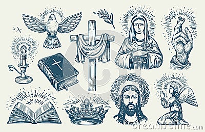 Religion symbols set sketch. Biblical motifs. Cross spirituality, catholicism, christianity religious elements Vector Illustration