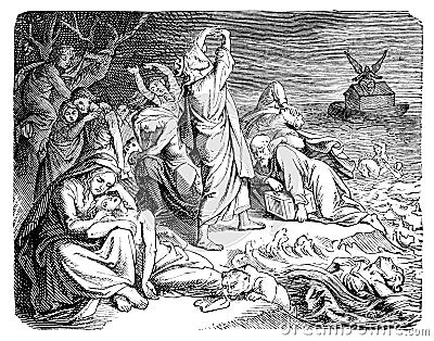 Biblical Genesis Flood and Noah Arc Floating on the Water.Bible, Old testament. Genesis,Vintage Antique Drawing Stock Photo