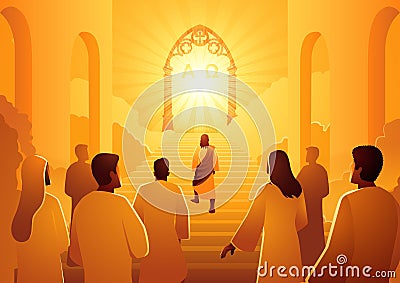 Jesus leads the group of followers to the heaven gate Vector Illustration