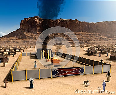 Biblical Tabernacle the altar and Jewish tent city Stock Photo