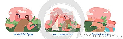 Biblical Testament Scenes Jesus Christ Character Expelled Demon From Possessed Man Into A Group Of Swine, Illustration Vector Illustration