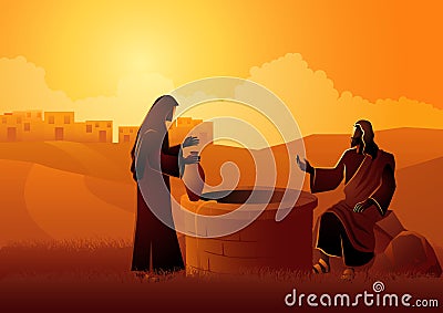 Jesus talking with Samaritan woman at the Jacobâ€™s well Vector Illustration