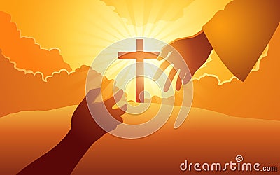 God hand reaching out for human hand with cross on hill as the background Vector Illustration