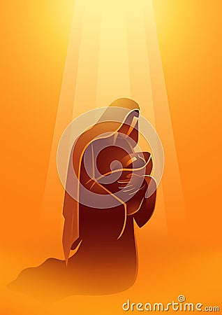 Biblical Silhouette Mary and Baby Jesus Light Vector Illustration
