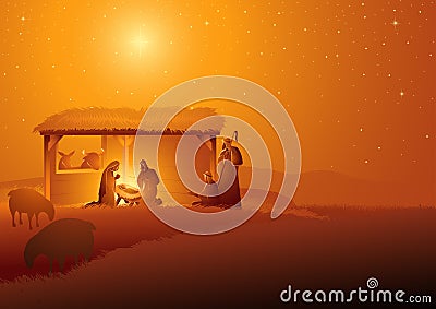 Nativity Scene of The Holy Family In Stable Vector Illustration