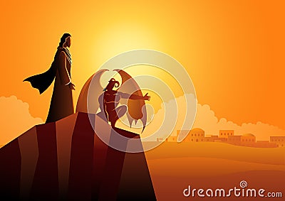 Satan tempts Jesus in the wilderness Vector Illustration