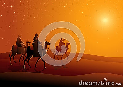 Three wise men, journey to Bethlehem Vector Illustration