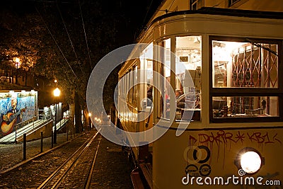 Bica Elevator in Lisbon at night Editorial Stock Photo
