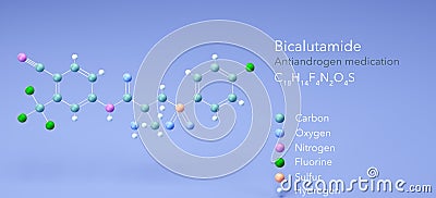 bicalutamide molecule, molecular structures, Antiandrogen medication, 3d model, Structural Chemical Formula and Atoms with Color Stock Photo