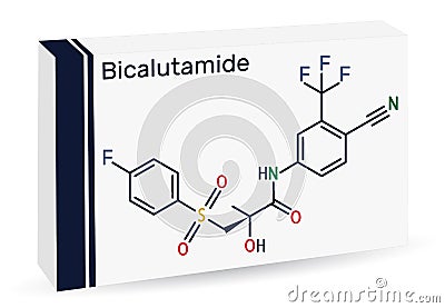 Bicalutamide molecule. It is nonsteroidal anti-androgen for prostate cancer. Skeletal chemical formula. Paper packaging for drugs Vector Illustration