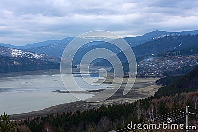 Bicaz lake with little water, dried out from drought. Stock Photo