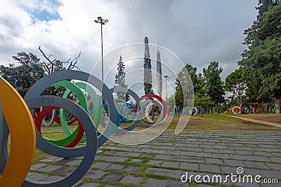 Bicentenary Square Plaza del Bicententario with rings telling the history of Argentina - Cordoba, Argentina Editorial Stock Photo