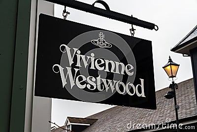 Editorial, Sign or logo of Vivienne Westwood on hanging sign Editorial Stock Photo