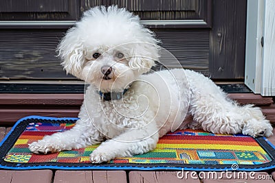 bichon frise with colorful porch floor mat Stock Photo