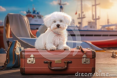 A Bichon Frize dog sits on a suitcase in the port against the background of a passenger ship, Generative AI Stock Photo