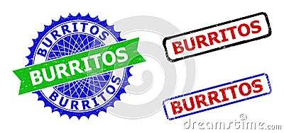 BURRITOS Rosette and Rectangle Bicolor Badges with Grunge Surfaces Stock Photo