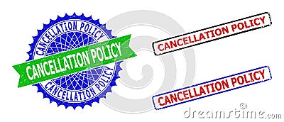 CANCELLATION POLICY Rosette and Rectangle Bicolor Seals with Unclean Textures Vector Illustration
