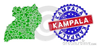 Bicolor Kampala Distress Rubber Stamp and Leaf Green Collage of Uganda Map Vector Illustration