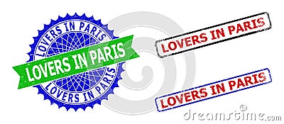 LOVERS IN PARIS Rosette and Rectangle Bicolor Stamps with Grunge Styles Vector Illustration