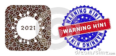 Bicolor Warning H1N1 Scratched Seal Stamp with Coffee Beans Subtracted Mosaic 2021 Coronavirus Vector Illustration