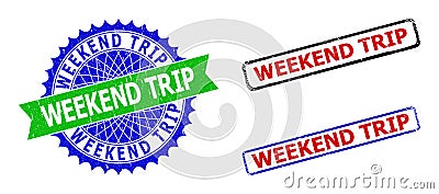 WEEKEND TRIP Rosette and Rectangle Bicolor Stamps with Unclean Textures Stock Photo