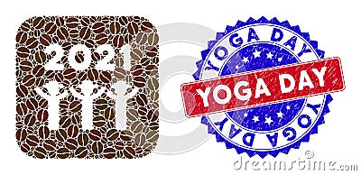 Bicolor Yoga Day Distress Rubber Stamp with Coffee Seeds Stencil Mosaic 2021 Gentlemen Dance Stock Photo